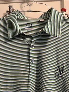 Cutter & Buck Blue, Green & White Striped Performance Polo